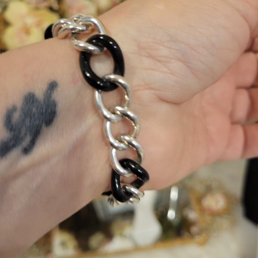 HEAVY STERLING SILVER 925 BRACELET 7.75" BLACK STONE 21.6G AMAZING VTG CI SIGNED - Picture 4 of 14